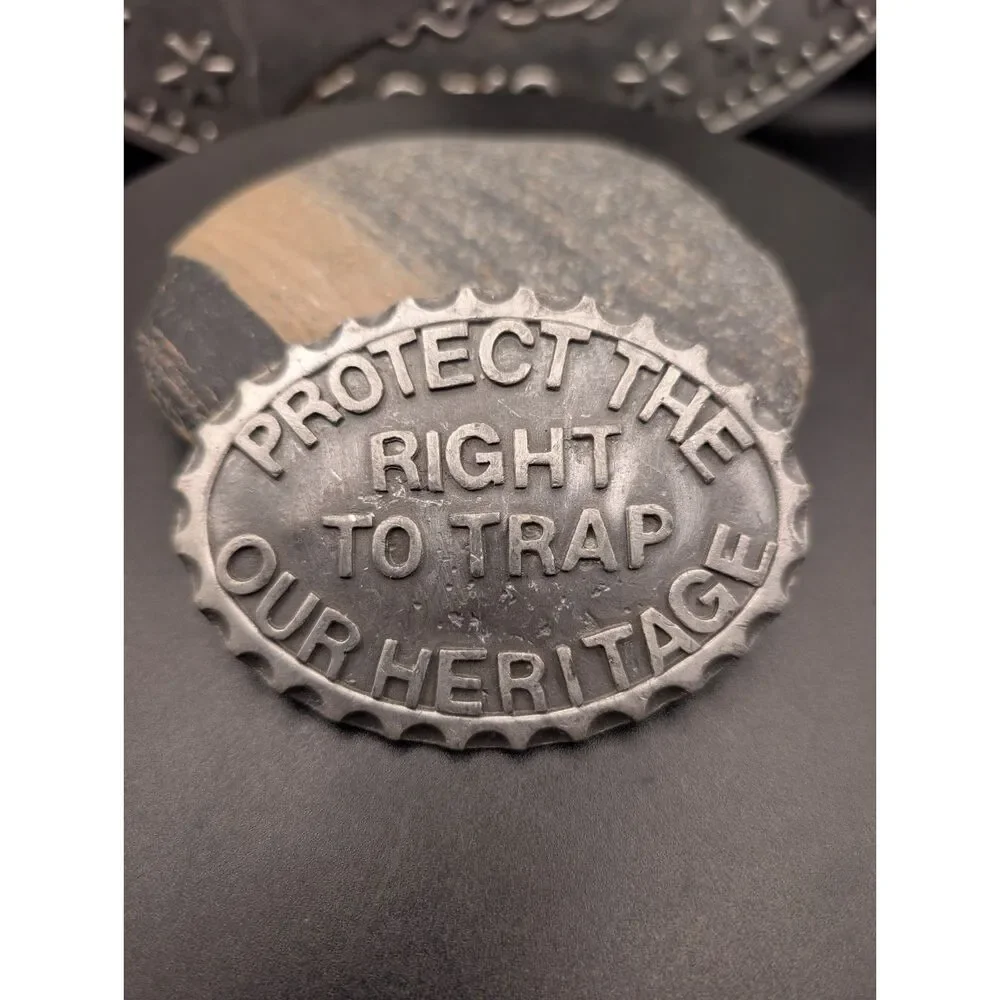 Vintage Pewter Belt Buckle – “Protect the Right to Trap” – W. Sawyer NY